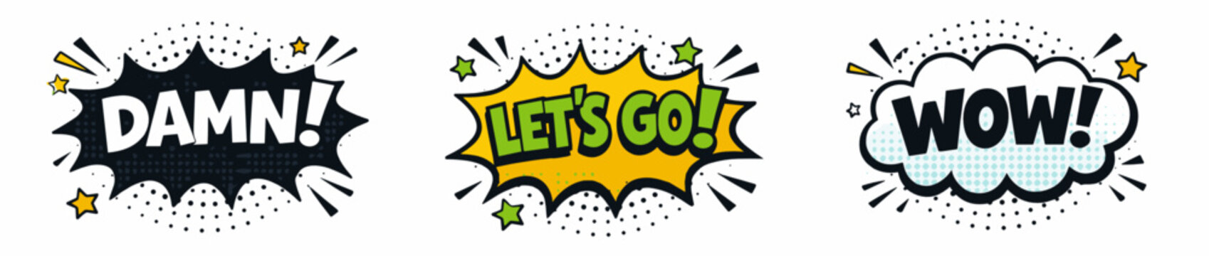 Comic pop art speech bubble sticker set with DAMN, LET'S GO, and WOW exclamations in dark, yellow-green, and white-teal burst shapes on white background.