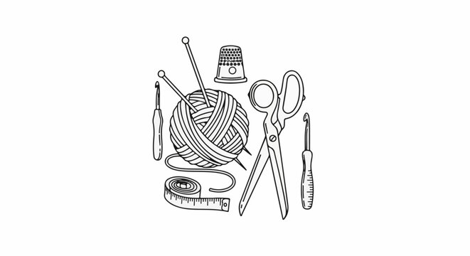 A collection of stitching and sewing tools, including yarn, needles, scissors, and a thimble