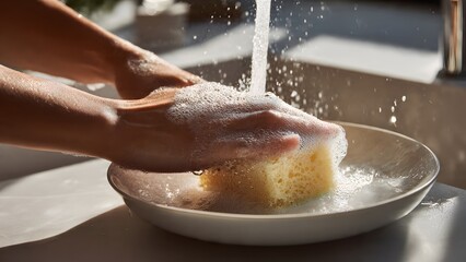 Fototapeta premium Ultra‑realistic horizontal close‑up of hands in blue protective gloves filling a yellow kitchen sponge with blue dish soap, sink and dishes softly blurred, soft background, cleanliness concept