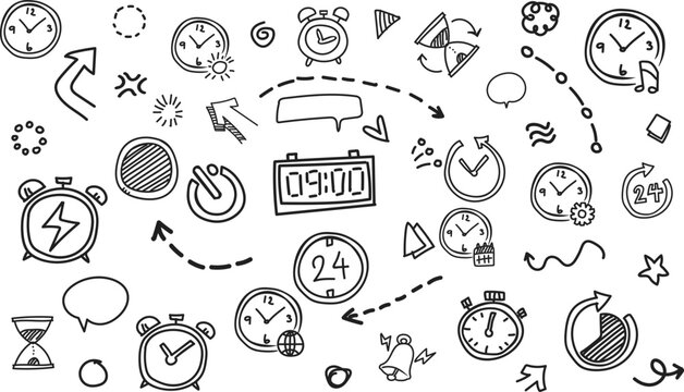 Horizontal Time Management and Clock Doodle Background
