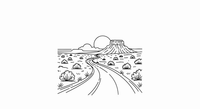 Winding desert road leads to mesa under a setting sun