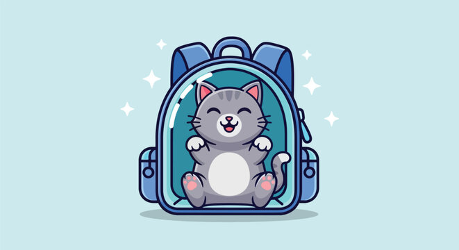 Cute grey cat sitting inside a blue transparent pet carrier backpack illustration.