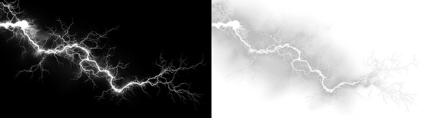 White lightning bolt striking across a clear background with energy and power in motion during a storm, light overlay, PNG © Liubov