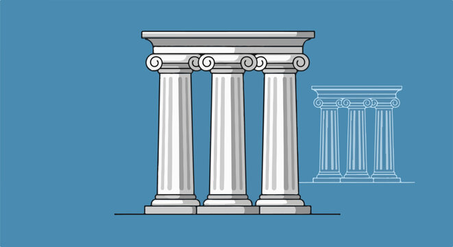 Three ancient pillars in a row, with a faded outline of similar pillars in the background