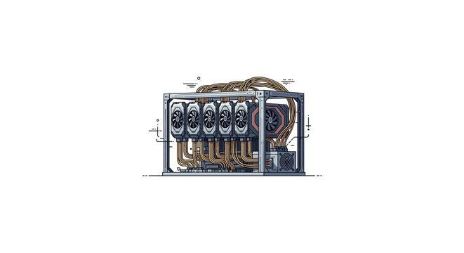 Modern cryptocurrency mining rig with multiple graphics cards and cooling system.
