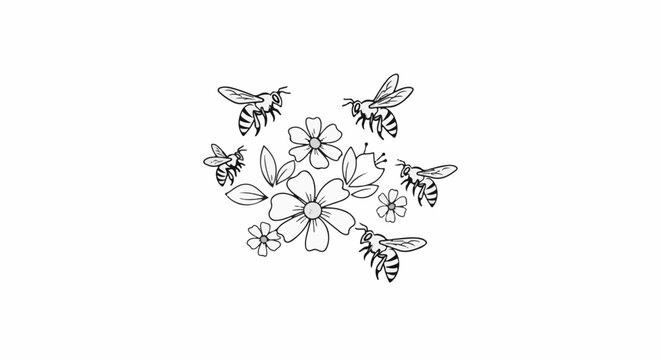A whimsical illustration of bees buzzing around a collection of simple flowers and leaves