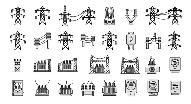 Collection of Electrical Power Transmission Towers and Equipment Icons.