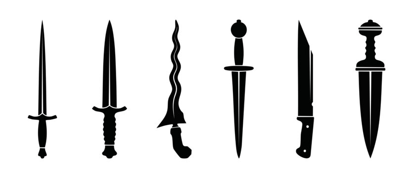 Dagger Set Silhouette Collection Vector, Historic Blade Icons, Sharp Steel Weapons, Medieval Combat Equipment, Various Knife Shapes for Game Design and Illustration, Minimalist Black Blade Symbols Iso