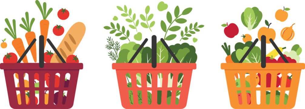 Grocery Shopping Basket Collection with Fresh Vegetables Fruits and Bread Healthy Food Cartoon Vector Illustration for Supermarket Retail and Organic Lifestyle Design