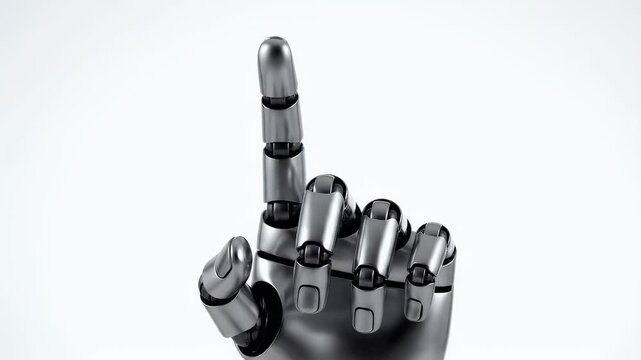 A metallic robotic hand points upwards, showcasing advanced engineering and futuristic design.