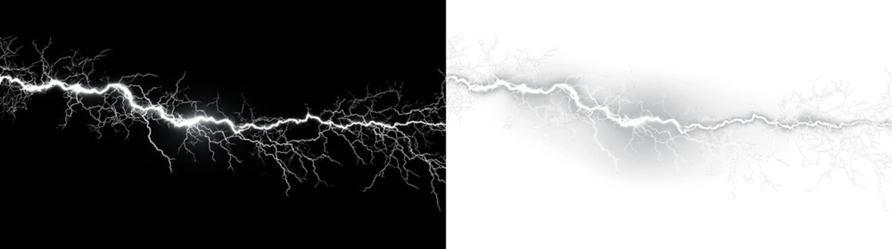 White lightning bolt isolated on transparent and black background for graphic design use in various projects, light overlay, PNG