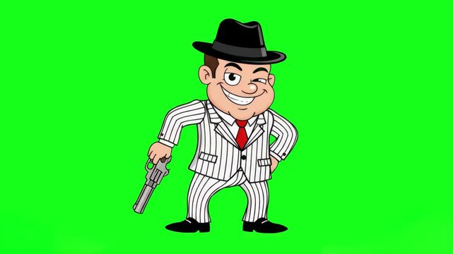 A classic cartoon gangster or mafia boss character wearing a white pinstripe suit, black fedora, and red tie, holding a revolver pistol. Character is talking and laughing, isolated on a chroma key gre
