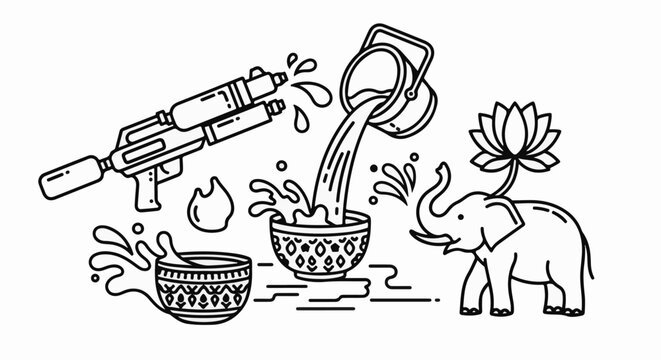Festive elements of water play, an elephant with a lotus, and decorative bowls depicted