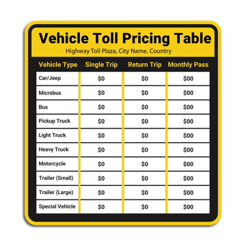 Professional Highway Toll Pricing Table Template for Different Vehicle Types and Trip Options