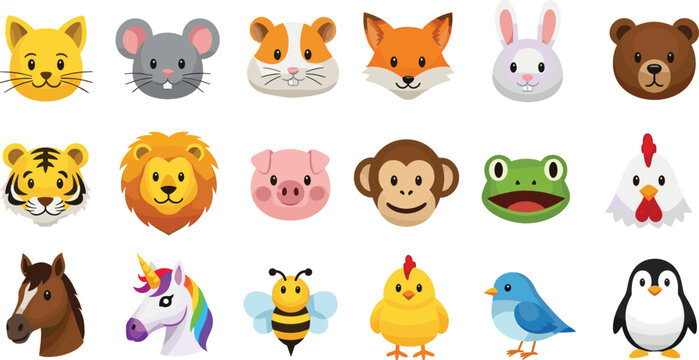 Cute animal faces and characters collection including farm wild and cartoon animals colorful flat vector illustration set isolated on white background