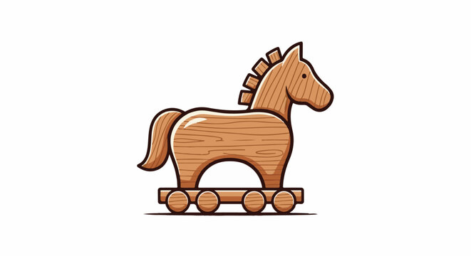 Stylized wooden horse toy on wheels, cartoonish style