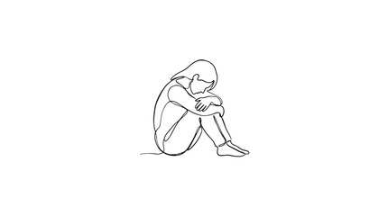 Obraz premium Minimalist Line Art Illustration of a Person Sitting in a Fetal Position, Symbolizing Sadness and Solitude