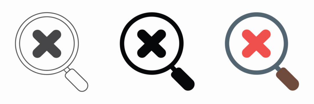 Magnifying glass delete icon, search remove symbols, find erase graphics, interface action concept, vector illustration