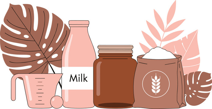 Baking ingredients set with milk flour jar and measuring cup, minimal kitchen illustration for homemade cooking and pastry design