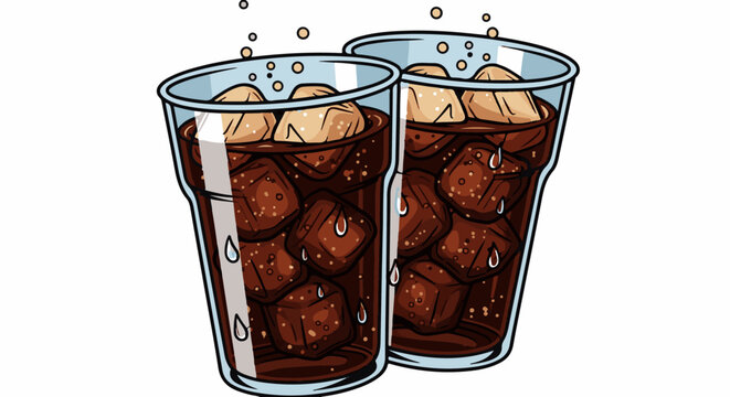 Two refreshing cold beverages with ice cubes and bubbles in clear glasses