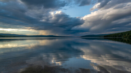Obraz premium Breathtaking landscape of calm lake reflecting dramatic storm clouds in sky during sunset with distant forest hills and serene water surface showcasing beauty of vast natural wilderness scenery.