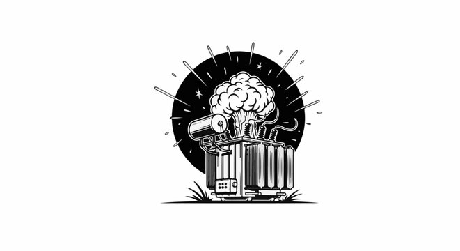 Stylized electrical transformer exploding with mushroom cloud, graphic art