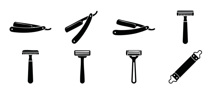 Straight Razor and Safety Razor Icon Set for Men Grooming and Barber Shop Design, Professional Shaving Tools Collection in Minimalist Black Silhouette Style for Barbershop Branding and Website Element