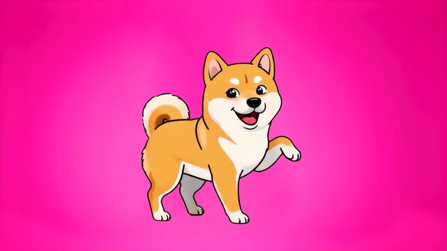 A charming 2D vector animation featuring a happy Shiba Inu dog character lifting its paw against a solid vivid pink backdrop. Perfect for cryptocurrency concepts, pet shop branding, social media stick