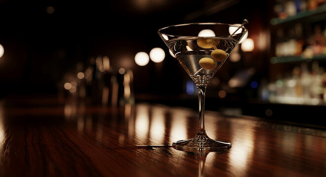 Elegant martini glass with olives on wooden bar counter  