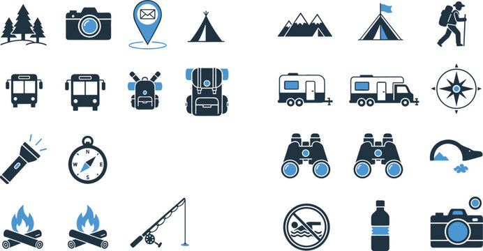 Outdoor adventure and camping icon set with travel gear hiking equipment navigation tools and survival elements minimalist flat vector illustration collection