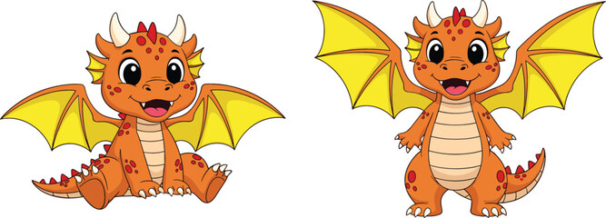 Naklejka premium Cute baby dragon cartoon characters with wings and smiling expressions isolated on white fantasy creature vector illustration set for kids design
