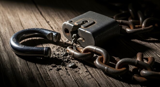 Emancipation Day symbolized by broken chains and lock on wooden surface