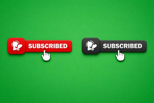 Hand pointing at red and dark gray subscribed buttons with thumbs up icon