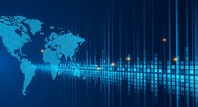 Abstract global digital world map with vertical data streaming lines streaming technology connectivity information communication abstract background internet infrastructure