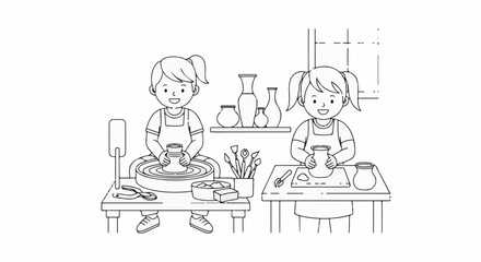 Obraz premium Two smiling children joyfully create pottery on wheels and shape clay