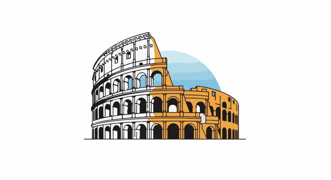 Stylized illustration of an ancient amphitheater against a blue circular background