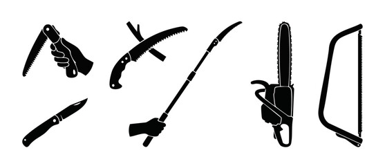 Saw and Cutting Tool Icons Set for Gardening and Construction, professional black silhouette collection of handheld saws, chainsaw, pocket knife, and telescopic pruning equipment on white background. © Fernando