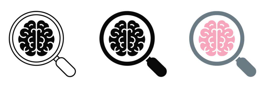 Magnifying glass brain icon, search intelligence symbols, analysis thinking graphics, research mind concept, vector illustration