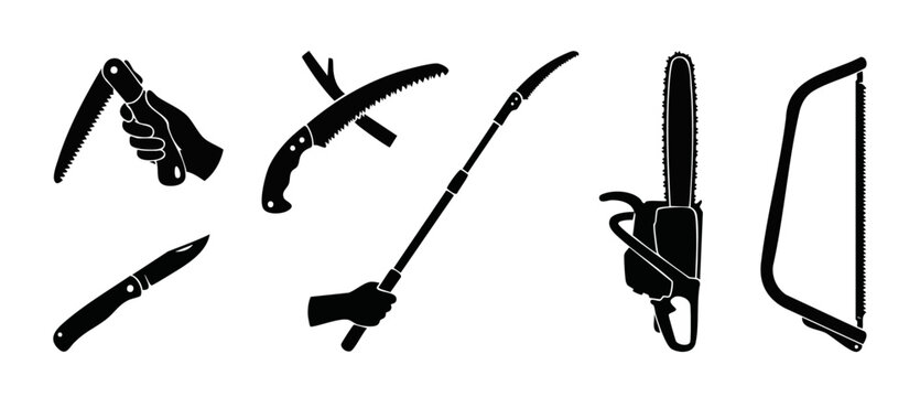 Saw and Cutting Tool Icons Set for Gardening and Construction, professional black silhouette collection of handheld saws, chainsaw, pocket knife, and telescopic pruning equipment on white background.