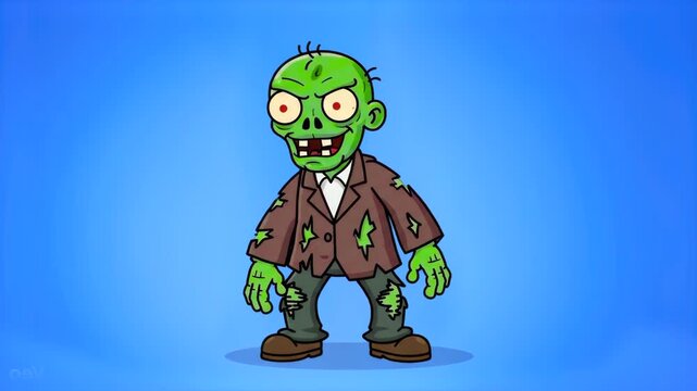 A humorous 2D animated green zombie in a tattered suit performing a dance. This character is ideal for Halloween-themed content, mobile game assets, or funny social media clips.