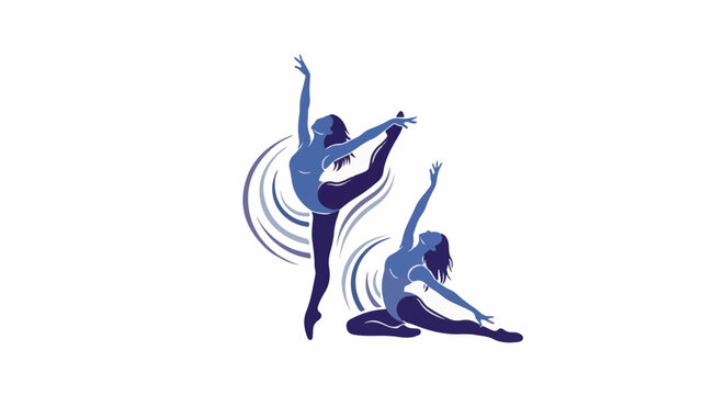 Two stylized dancers in graceful poses, one en pointe, the other kneeling