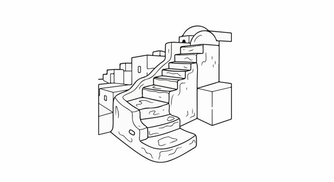 Stylized line art of a stone staircase winding upwards between cuboid structures