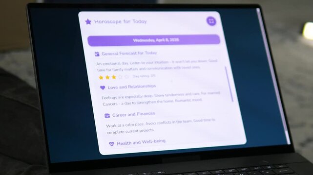 Modern digital horoscope for Cancer on a laptop screen. Trendy UI design showing daily forecast, love, and career advice. Ideal for lifestyle content, mobile app demos, and astrology blogs. Boost your