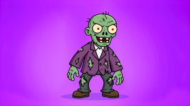 A green-skinned cartoon zombie with bulging eyes and a toothy grin, wearing a tattered purple jacket and grey trousers. Standing pose isolated on a vibrant purple gradient background for games and ani
