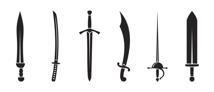 Sword Icons Set, Collection of Different Medieval Weapons, Sharp Blade Silhouettes Isolated on White, Fantasy Warrior Equipment, Historical Sharp Blades Design for Game Graphics and Vector Illustratio