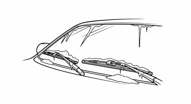 Car windshield with snow and icicles on wiper blades