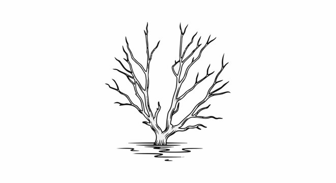 Stylized bare tree with branching limbs reaching outwards and reflection