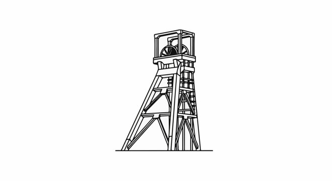 A line drawing of a towering mine headframe with intricate structural supports