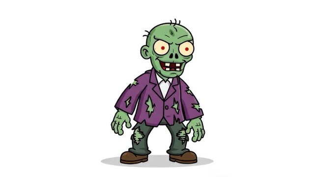A green-skinned cartoon zombie with bulging eyes and a toothy grin, wearing a tattered purple jacket and grey trousers. Standing idle pose isolated on a white background for game assets and character 