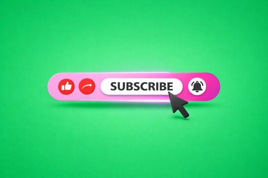Hand clicking colorful subscribe button with social media icons on green background